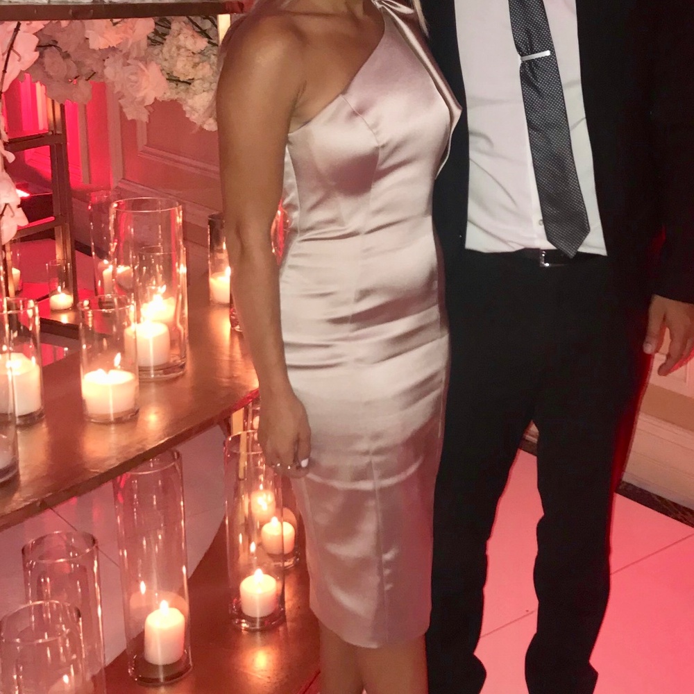 One shoulder ruffle silk champagne blush midi